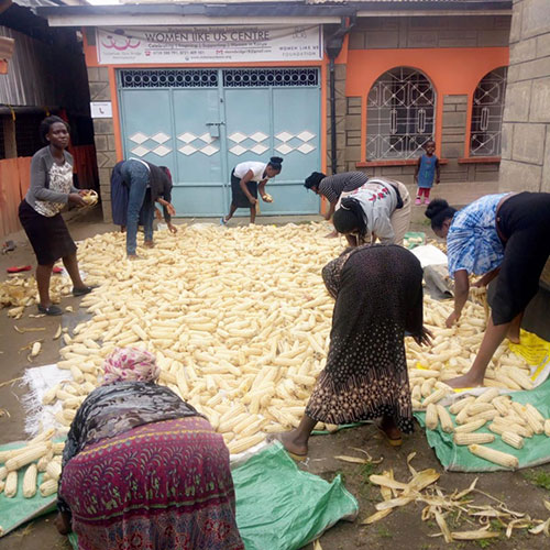 Women gathering corn at the center
